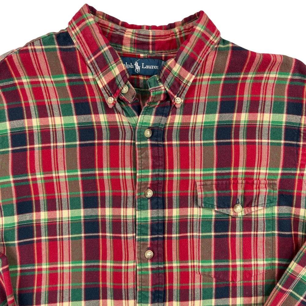 Vintage Ralph Lauren Flannel Shirt Mens L Long Sleeve Red Colorful Plaid Preppy